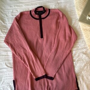 Laura Scott Pink Ribbed Quarter-Zip Sweater with Dark Trim